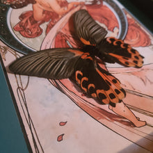 Load image into Gallery viewer, Pink Spotted Butterfly on Alfons Mucha Art Print