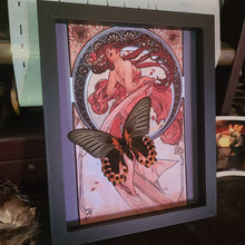 Load image into Gallery viewer, Pink Spotted Butterfly on Alfons Mucha Art Print