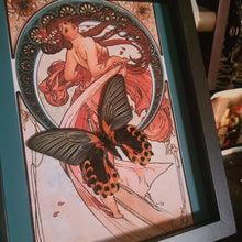 Load image into Gallery viewer, Pink Spotted Butterfly on Alfons Mucha Art Print
